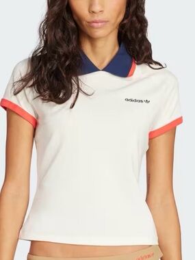 adidas originals Women’s White Polo Tee with Navy Collar and Coral Trim